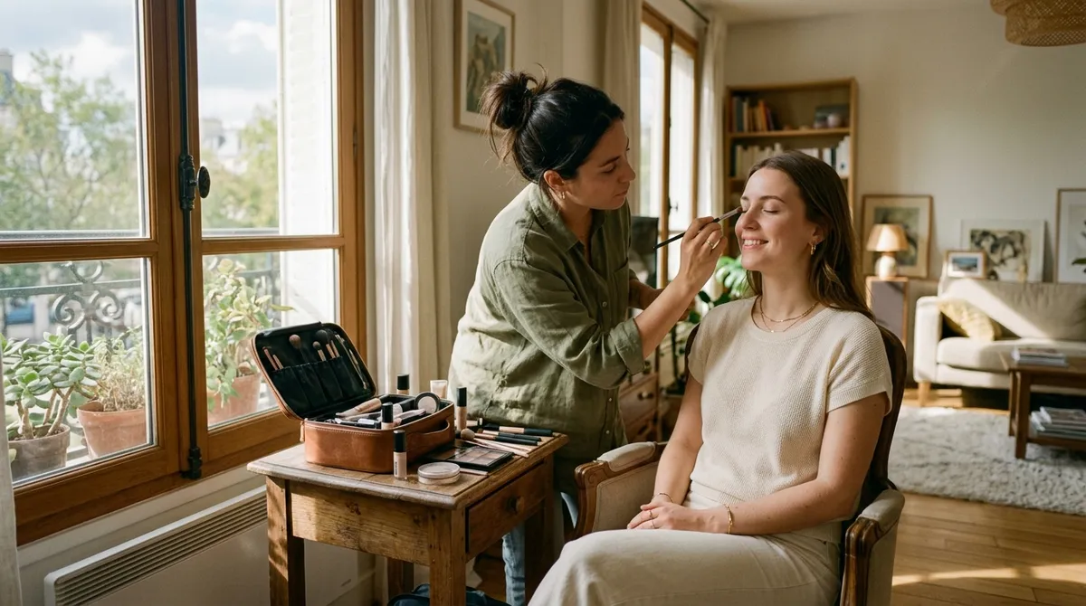 Maquilleuse réalisant un maquillage à domicile