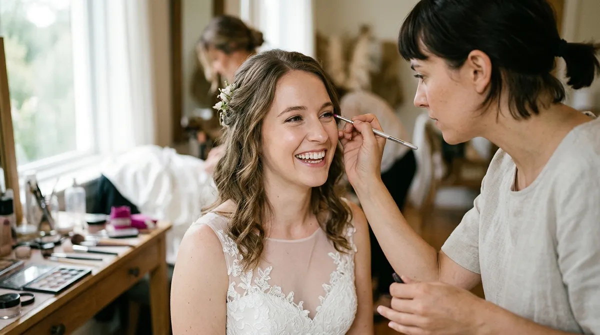 Maquilleuse professionnelle maquillant une mariée