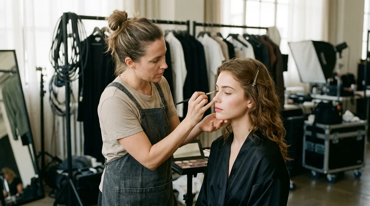 Maquilleur au travail sur un plateau de tournage